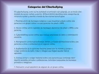 Categorias del CiberbullyingEl cyberbullying, como se ha señalado al principio del epígrafe, es un modo disi-mulado de acoso verbal y escrito. Willard (2004) identifica siete categorías deviolencia verbal y escrita a través de las nuevas tecnologías:1. Flaming: envío de mensajes vulgares o que muestran enfado sobre unapersona a un grupo online o a esa persona vía email o SMS.2. Acoso online: envío repetido de mensajes ofensivos vía email o SMS a unapersona.3. Cyberstalking: acoso online que incluye amenazas de daño o intimidaciónexcesiva.4. Denigración: envíos perjudiciales, falsas y crueles afirmaciones sobre unapersona a otras o comentarios en lugares online.5. Suplantación de la persona: hacerse pasar por la víctima y enviar ocolgar archivos de texto, video o imagen que hagan quedar mal alagredido.6. Outing: enviar o colgar material sobre una persona que contenga infor-mación sensible, privada o embarazosa, incluidas respuestas de mensajesprivados o imágenes.7. Exclusión: cruel expulsión de alguien de un grupo online.