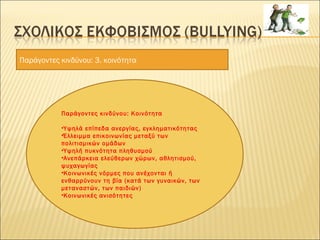 Παράγοντες κινδύνου: 3. κοινότητα
Παράγοντες κινδύνου: Κοινότητα
•Υψηλά επίπεδα ανεργίας, εγκληματικότητας
•Έλλειμμα επικοινωνίας μεταξύ των
πολιτισμικών ομάδων
•Υψηλή πυκνότητα πληθυσμού
•Ανεπάρκεια ελεύθερων χώρων, αθλητισμού,
ψυχαγωγίας
•Κοινωνικές νόρμες που ανέχονται ή
ενθαρρύνουν τη βία (κατά των γυναικών, των
μεταναστών, των παιδιών)
•Κοινωνικές ανισότητες
 