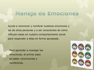 Ayuda a reconocer y nombrar nuestras emociones y
las de otras personas y a ser conscientes de cómo
influyen estas en nuestro comportamiento social
para responder a ellas en forma apropiada.
Para aprender a manejar las
emociones, el primer paso
es saber reconocerlas y
nombrarlas.
 