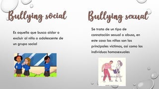 Es aquella que busca aislar o
excluir al niño o adolescente de
un grupo social
Se trata de un tipo de
connotación sexual o abuso, en
este caso las niñas son las
principales victimas, así como los
individuos homosexuales
 