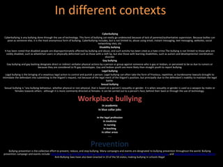 In different contexts
Cyberbullying
Cyberbullying is any bullying done through the use of technology. This form of bullying can easily go undetected because of lack of parental/authoritative supervision. Because bullies can
pose as someone else, it is the most anonymous form of bullying. Cyberbullying includes, but is not limited to, abuse using email, instant messaging, text messaging, websites, social
networking sites, etc
Disability bullying
It has been noted that disabled people are disproportionately affected by bullying and abuse, and such activity has been cited as a hate crime.The bullying is not limited to those who are
visibly disabled, such as wheelchair-users or physically deformed such as those with a cleft lip, but also those with learning disabilities, such as autism and developmental coordination
disorder
Gay bullying
Gay bullying and gay bashing designate direct or indirect verbalor physical actions by a person or group against someone who is gay or lesbian, or perceived to be so due to rumors or
because they are considered to fit gay stereotypes. Gay and lesbian youth are more likely than straight youth to report bullying
Legal bullying
Legal bullying is the bringing of a vexatious legal action to control and punish a person. Legal bullying can often take the form of frivolous, repetitive, or burdensome lawsuits brought to
intimidate the defendant into submitting to the litigant's request, not because of the legal merit of the litigant's position, but principally due to the defendant's inability to maintain the legal
battle.
Sexual bullying
Sexual bullying is "any bullying behaviour, whether physical or non-physical, that is based on a person's sexuality or gender. It is when sexuality or gender is used as a weapon by males or
females towards others - although it is more commonly directed at females. It can be carried out to a person's face, behind their back or through the use of technology.
Workplace bullying
In academia
In blue collar jobs
In the legal profession
In medicine
In nursing
In teaching
In other areas
…..
Prevention
Bullying prevention is the collective effort to prevent, reduce, and stop bullying. Many campaigns and events are designated to bullying prevention throughout the world. Bullying
prevention campaign and events include: Anti-Bullying Day, Anti-Bullying Week,International Day of Pink, International STAND UP to Bullying Day, and National Bullying Prevention Month.
Anti-Bullying laws have also been enacted in 23 of the 50 states, making bullying in schools illegal
 