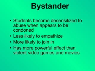Bystander Students become desensitized to abuse when appears to be condoned Less likely to empathize More likely to join in Has more powerful effect than violent video games and movies 