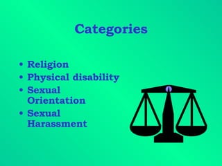 Categories Religion Physical disability Sexual Orientation Sexual Harassment 