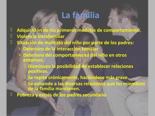 La familia 
 Adquisición de los primeros modelos de comportamiento. 
 Violencia intrafamiliar 
 Situación de maltrato del niño por parte de los padres: 
› Deterioro de la interacción familiar 
› Deterioro del comportamiento del niño en otros 
entornos: 
 Disminuye la posibilidad de establecer relaciones 
positivas. 
 Se repite crónicamente, haciéndose más grave. 
 Se extiende a las diversas relaciones que los miembros 
de la familia mantienen. 
 Pobreza y estrés de los padres secundario 
 