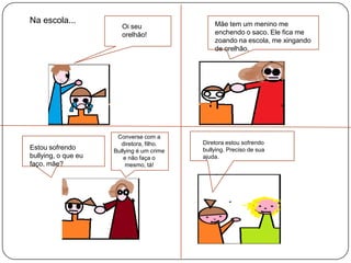 Na escola...                                   Mãe tem um menino me
                        Oi seu
                        orelhão!               enchendo o saco. Ele fica me
                                               zoando na escola, me xingando
                                               de orelhão.




                      Converse com a
                       diretora, filho.    Diretora estou sofrendo
Estou sofrendo       Bullying é um crime   bullying. Preciso de sua
bullying, o que eu       e não faça o      ajuda.
faço, mãe?                mesmo, tá!
 