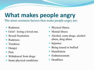 What makes people angry
The most common factors that make people angry are:
 Rudeness
 Grief - losing a loved one.
 Sexual frustration
 Rudeness
 Tiredness
 Hunger
 Pain
 Withdrawal from drugs
 Some physical conditions
 Physical illness
 Mental illness
 Alcohol, some drugs, alcohol
abuse, drug abuse
 Injustice
 Being teased or bullied
 Humiliation
 Embarrassment
 Deadlines
 