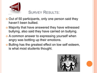                     Survey Results: Out of 50 participants, only one person said they haven’t been bullied. Majority that have answered they have witnessed bullying, also said they have carried on bullying. A common answer to expressing yourself when angry was bottling up their emotions. Bulling has the greatest effect on low self esteem, is what most students thought. 