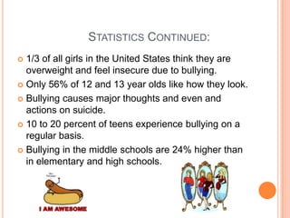 StatisticsContinued:1/3 of all girls in the United States think they are overweight and feel insecure due to bullying. Only 56% of 12 and 13 year olds like how they look. Bullying causes major thoughts and even and actions on suicide. 10 to 20 percent of teens experience bullying on a regular basis. Bullying in the middle schools are 24% higher than in elementary and high schools. 