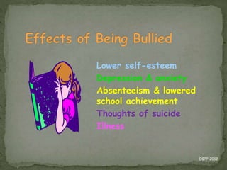 Lower self-esteem
Depression & anxiety
Absenteeism & lowered
school achievement
Thoughts of suicide
Illness
OBPP 2012
 