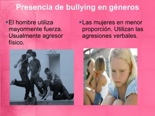 Presencia de bullying en géneros El hombre utiliza mayormente fuerza. Usualmente agresor físico. Las mujeres en menor proporción. Utilizan las agresiones verbales. 