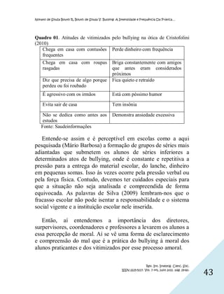 Nonato de Souza Bouth R, Bouth de Sousa V. Bullying: A Intensidade e Frequência Da Prática…




Quadro 01. Atitudes de vitimizados pelo bullying na ótica de Cristofolini
(2010)
   Chega em casa com contusões Perde dinheiro com frequência
   frequentes
    Chega em casa com roupas                      Briga constantemente com amigos
    rasgadas                                      que antes eram considerados
                                                  próximos
    Diz que precisa de algo porque                Fica quieto e retraído
    perdeu ou foi roubado
    É agressivo com os irmãos                     Está com péssimo humor

    Evita sair de casa                            Tem insônia

     Não se dedica como antes aos                 Demonstra ansiedade excessiva
     estudos
    Fonte: Saudeinformações

   Entende-se assim e é perceptível em escolas como a aqui
pesquisada (Mário Barbosa) a formação de grupos de séries mais
adiantadas que submetem os alunos de séries inferiores a
determinados atos de bullying, onde é constante e repetitiva a
pressão para a entrega do material escolar, do lanche, dinheiro
em pequenas somas. Isso às vezes ocorre pela pressão verbal ou
pela força física. Contudo, devemos ter cuidados especiais para
que a situação não seja analisada e compreendida de forma
equivocada. As palavras de Silva (2009) lembram-nos que o
fracasso escolar não pode isentar a responsabilidade e o sistema
social vigente e a instituição escolar nele inserida.

   Então, aí entendemos a importância dos diretores,
surpervisores, coordenadores e professores a levarem os alunos a
essa percepção de moral. Aí se vê uma forma de esclarecimento
e compreensão do mal que é a prática do bullying à moral dos
alunos praticantes e dos vitimizados por esse processo amoral.

                                                                         Rev. Int. Investig. Cienc. Soc.
                                                        ISSN 2225-5117. Vol. 7 nº1, julio 2011. pág. 29-60.
                                                                                                              43
 