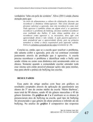 Nonato de Souza Bouth R, Bouth de Sousa V. Bullying: A Intensidade e Frequência Da Prática…




verdadeiro ‘lobo em pele de cordeiro’. Silva (2011) ainda chama
atenção para que:
             Ao invés de alimentarmos a cultura da vitimização, devemos sim
             reconhecer a dinâmica vítima-agressor. Não estou dizendo que
             devemos valorizar a agressão, mas sim reconhecê-la como real.
             Todo agressor é também vítima em algum nível e se queremos
             reconhecer o problema do bullying, devemos também reconhecer
             essa realidade dos bullies. E toda vítima também deve se
             reconhecer como agressor e, se necessário, deve agir com
             agressividade direta e não velada. A ação passivo-agressiva é
             mais prejudicial que a agressividade direta, pois na primeira
             tornamos a vítima a única responsável pela agressão sofrida.
             Entra aí a dinâmica prejudicial da culpa novamente (p. 28).

   Conclui-se, então, que se a escola quer resolver o problema,
não adianta coibir a agressão, pois ela vai continuar existindo
justamente através da proibição que é agressiva. A escola
precisa reconhecer o problema e identificar onde o bully está
sendo vítima ou como essa dinâmica está acontecendo entre os
alunos. Somente quando a comunidade escolar entender todo
esse sitema será então possível planejar ações não para retaliar,
mas para abolir a prática do bullying nas escolas.


    RESULTADOS

   Essa parte do artigo analisa com base em gráficos os
resultados cooptados através da aplicação de questionário aos
alunos do 3º ano do ensino médio da escola ‘Mário Barbosa’,
num total de 90 alunos, sendo 45 do gênero masculino e 45 do
gênero feminino. Os gráficos de 1 a 3 analisam se os alunos já
presenciaram atos de bullying na escola, qual tipo de bullying
foi presenciado e que gênero do aluno praticou o referido ato de
bullying. Na analise do gráfico 1 comparativo das respostas

                                                                         Rev. Int. Investig. Cienc. Soc.
                                                        ISSN 2225-5117. Vol. 7 nº1, julio 2011. pág. 29-60.
                                                                                                              47
 