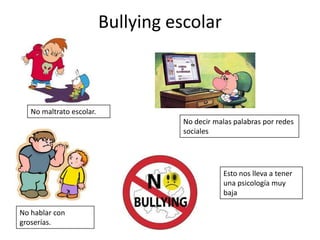 Bullying escolar
No maltrato escolar.
No decir malas palabras por redes
sociales
No hablar con
groserías.
Esto nos lleva a tener
una psicología muy
baja
 