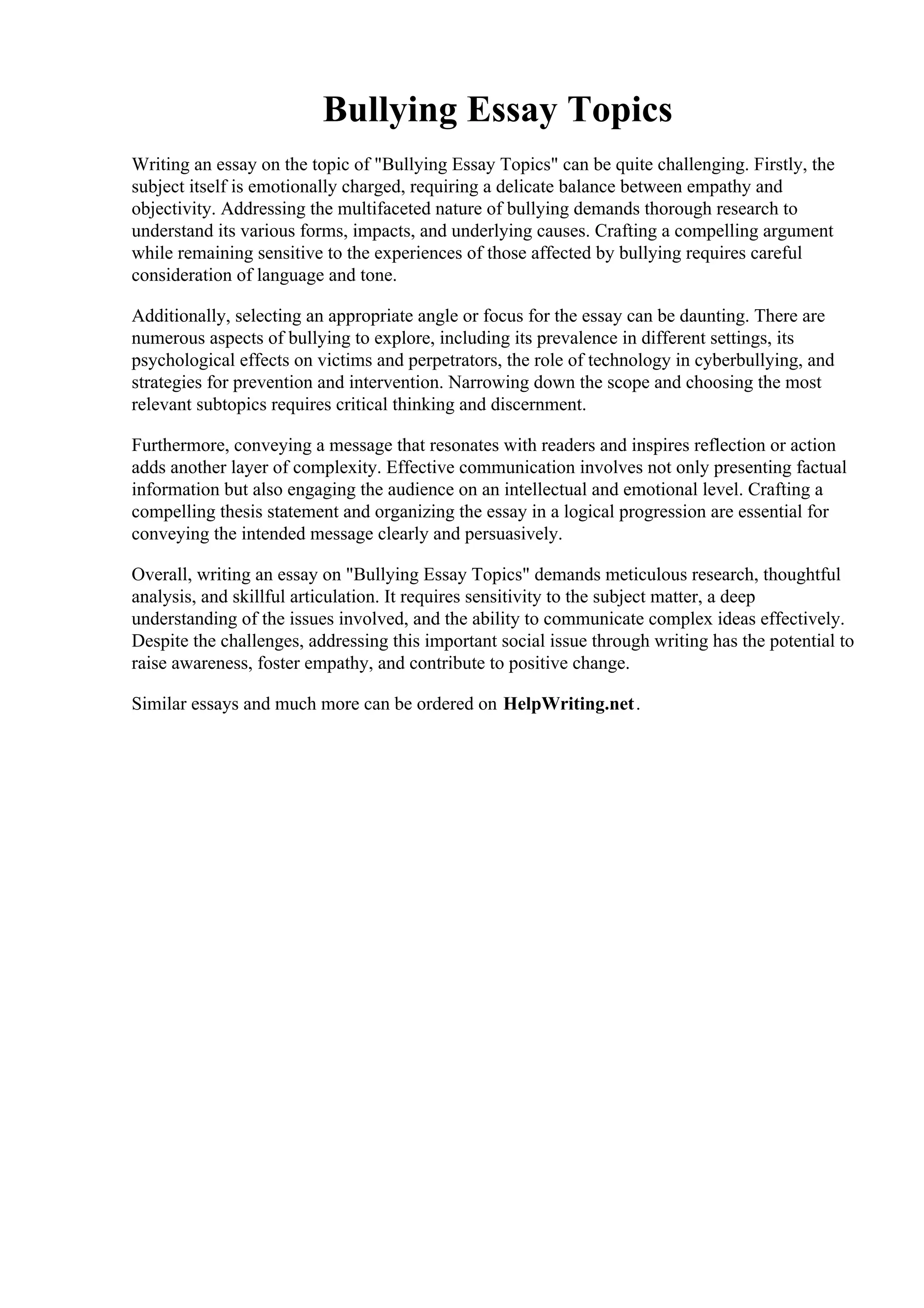 Bullying Essay Topics. 008 Essay Example Bullying Problem Solution