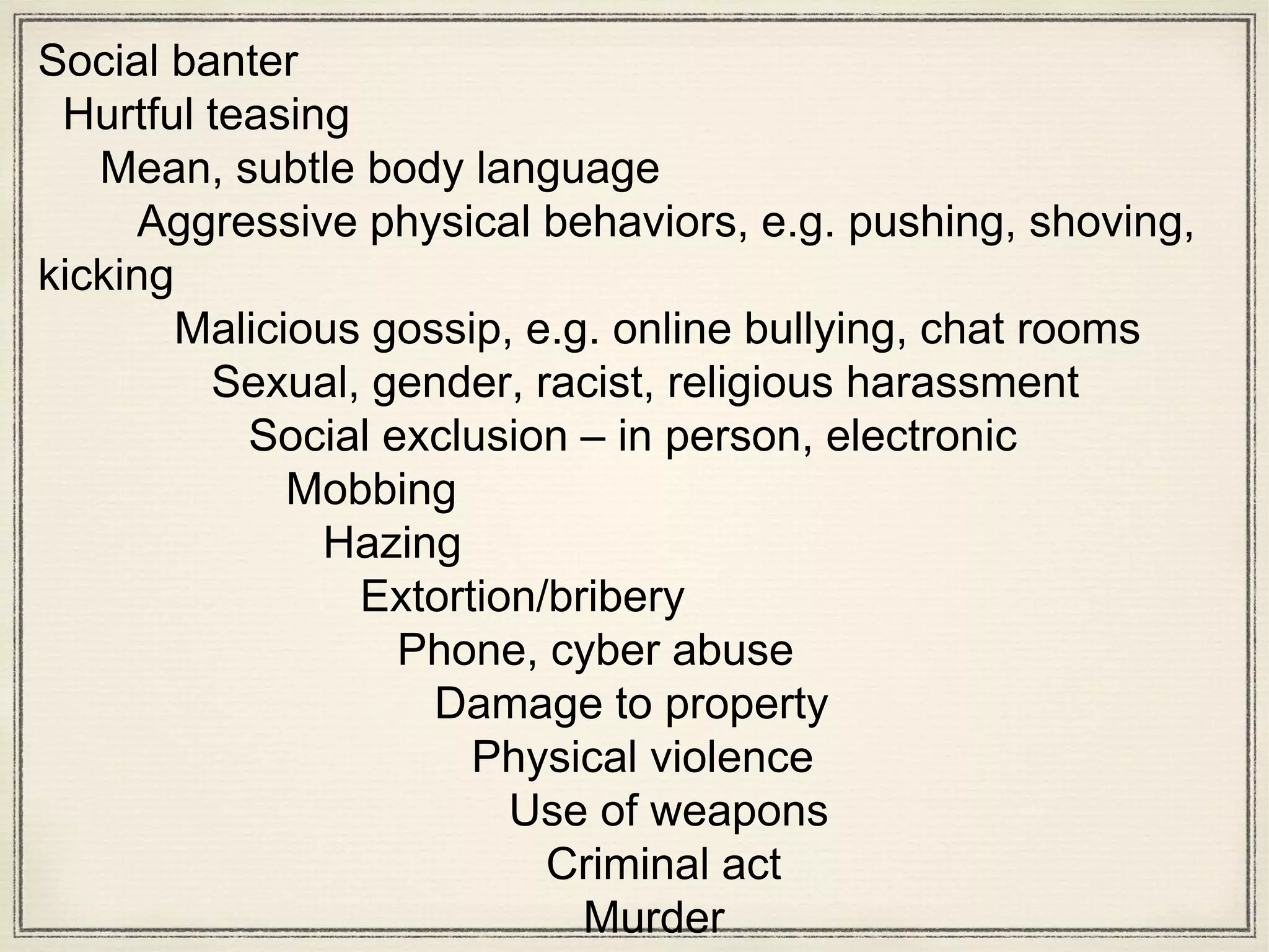Social banter
Hurtful teasing
Mean, subtle body language
Aggressive physical behaviors, e.g. pushing, shoving,
kicking
Malicious gossip, e.g. online bullying, chat rooms
Sexual, gender, racist, religious harassment
Social exclusion – in person, electronic
Mobbing
Hazing
Extortion/bribery
Phone, cyber abuse
Damage to property
Physical violence
Use of weapons
Criminal act
Murder
 