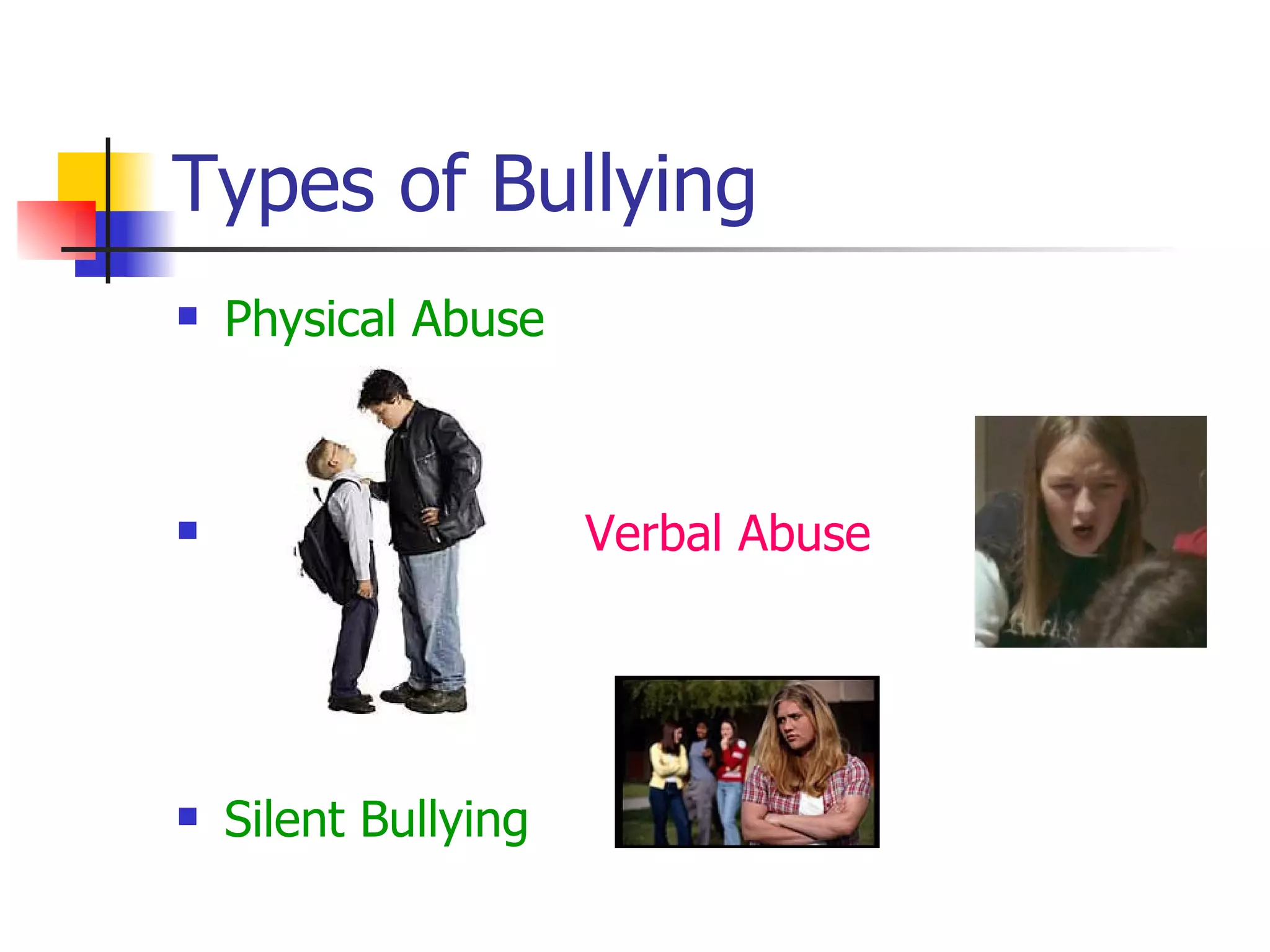 Types of Bullying Physical Abuse   Verbal Abuse Silent Bullying 