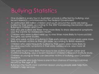    One student in every four in Australian schools is affected by bullying, says
    recent research commissioned by the Federal Government.
   An estimated 200 million children and youth around the world are being
    bullied by their peers, according to the 2007 Kandersteg Declaration Against
    Bullying in Children and Youth.
   Kids who are bullied are three times more likely to show depressive symptoms,
    says the Centre for Adolescent Health.
   Children who were bullied were up to nine times more likely to have suicidal
    thoughts, say some studies.
   Girls who were victims of bullying in their early primary school years were more
    likely to remain victims as they got older, according to British research.
   Children who were frequently bullied by their peers were more likely to
    develop psychotic symptoms in their early adolescence, says more UK
    research.
   Girls were much more likely than boys to be victims of both cyber and
    traditional bullying, says a recent Murdoch Children's Research Institute study.
   Children as young as three can become victims of bullying, says Canadian
    research.
   Young people who bully have a one in four chance of having a criminal
    record by the age of 30.
   Bullying is the fourth most common reason young people seek help from
    children's help services.
 