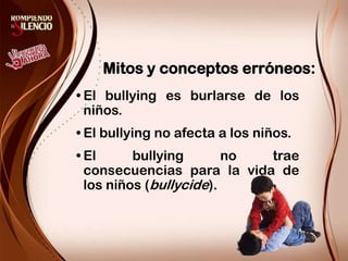Mitos y conceptos erróneos:El bullying es burlarse de los niños.El bullying no afecta a los niños.El bullying no trae consecuencias para la vida de los niños (bullycide).