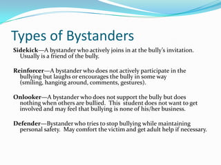 Types of BystandersSidekick—A bystander who actively joins in at the bully’s invitation.  Usually is a friend of the bully.Reinforcer—A bystander who does not actively participate in the bullying but laughs or encourages the bully in some way (smiling, hanging around, comments, gestures).Onlooker—A bystander who does not support the bully but does nothing when others are bullied.  This  student does not want to get involved and may feel that bullying is none of his/her business.Defender—Bystander who tries to stop bullying while maintaining personal safety.  May comfort the victim and get adult help if necessary.
