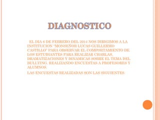 EL DIA 6 DE FEBRERO DEL 2014 NOS DIRIGIMOS A LA
INSTITUCION “MONSEÑOR LUCAS GUILLERMO
CASTILLO” PARA OBSERVAR EL COMPORTAMIENTO DE
LOS ESTUDIANTES PARA REALIZAR CHARLAS,
DRAMATIZACIONES Y DINAMICAS SOBRE EL TEMA DEL
BULLYING. REALIZANDO ENCUESTAS A PROFESORES Y
ALUMNOS.
LAS ENCUESTAS REALIZADAS SON LAS SIGUIENTES:
 