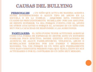 : UN NIÑO QUE ACTUA DE MANERA AGESIVA
SUFRE INTIMIDACIONES O ALGUN TIPO DE ABUSO EN LA
ESCUELA O EN LA FAMILIA . ADQUIERE ESTA CONDUCTA
CUANDO ES FRECUENTEMENTE HUMILLADO POR LOS ADULTOS.
SE SIENTE SUPERIOR, YA SEA PORQUE CUENTA CON EL APOYO
DE OTROS ATACANTES O PORQUE EL ACOSADO ES UN NIÑO CON
MUY POCA CAPACIDAD DE RESPONDER A LAS AGRECIONES.
EL NIÑO PUEDE TENER ACTITUDES AGRSIVAS
COMO UNA FORMA DE EXPRESAR SU SENTIR ANTE UN ENTORNO
FAMILIAR POCO EFECTIVO, DONDE EXIXTEN SITUACIONES DE
AUSENCIA DE ALGUN PADRE,DIVORCIO, VIOLENCIA, ABUSO O
HUMILLACION EJERCIDA POR LOS PADRES Y HERMANOS
MAYORES; TAL VEZ PORQUE ES UN NIÑO QUE POSIBLEMENTE
VIVE BAJO CONSTANTE PRESION PARA QUE TENGA ÉXITO EN SUS
ACTIVIDADES O POR EL CONTRARIO ES UN NIÑO MUY MIMADO.
 