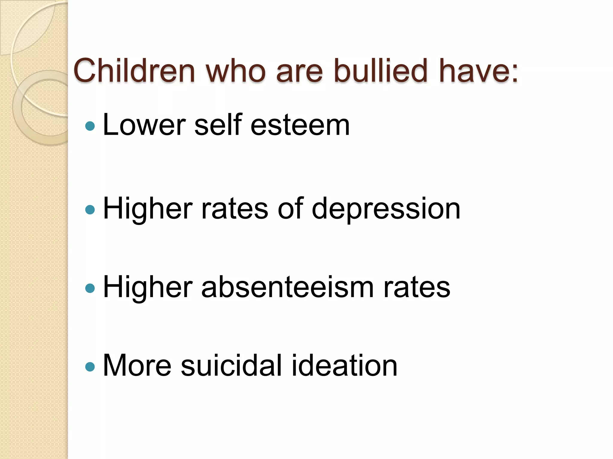 Children who are bullied have:Lower self esteemHigher rates of depressionHigher absenteeism ratesMore suicidal ideation