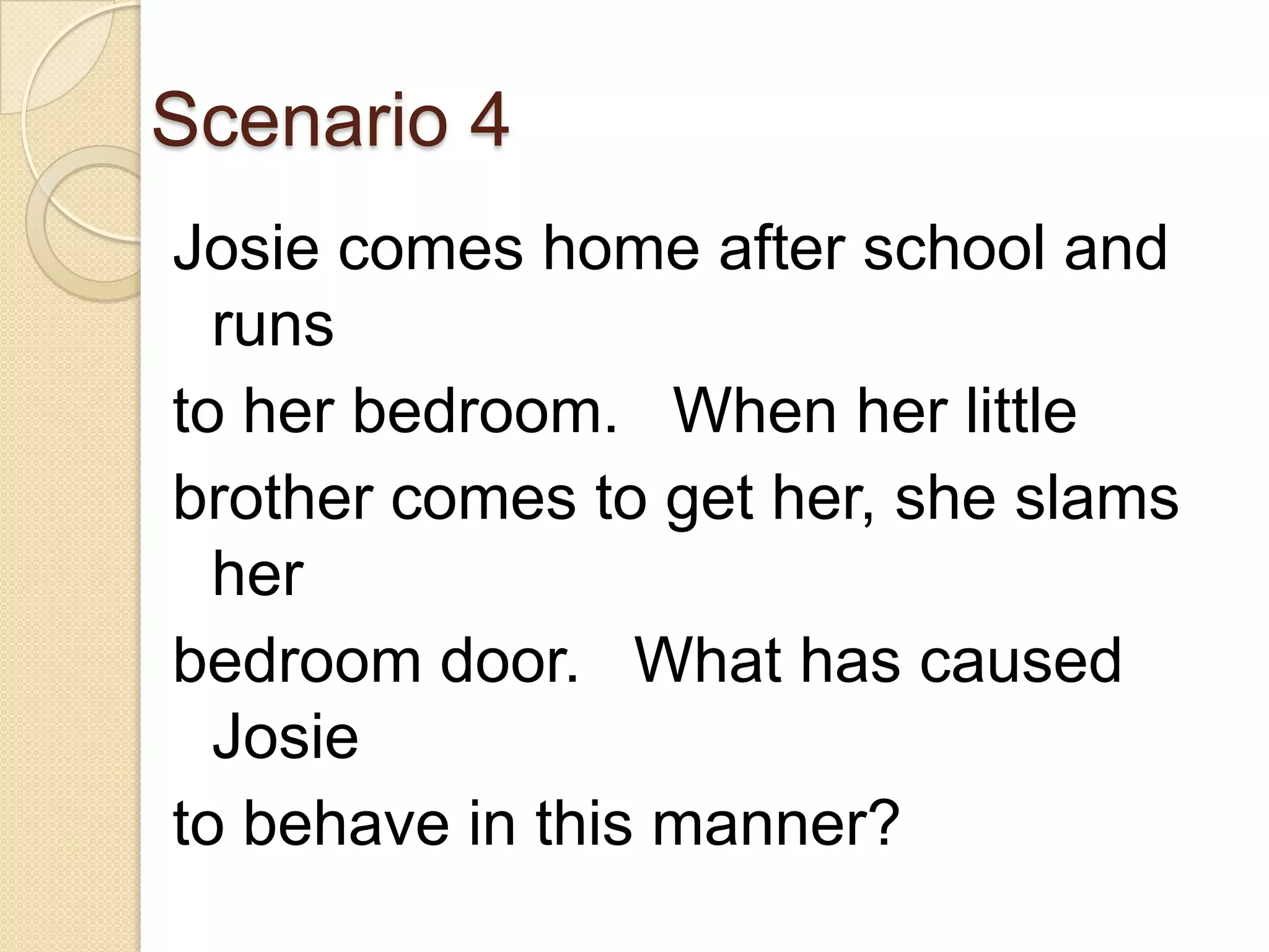 Scenario 4Josie comes home after school and runs to her bedroom.   When her little brother comes to get her, she slams herbedroom door.   What has caused Josie to behave in this manner?