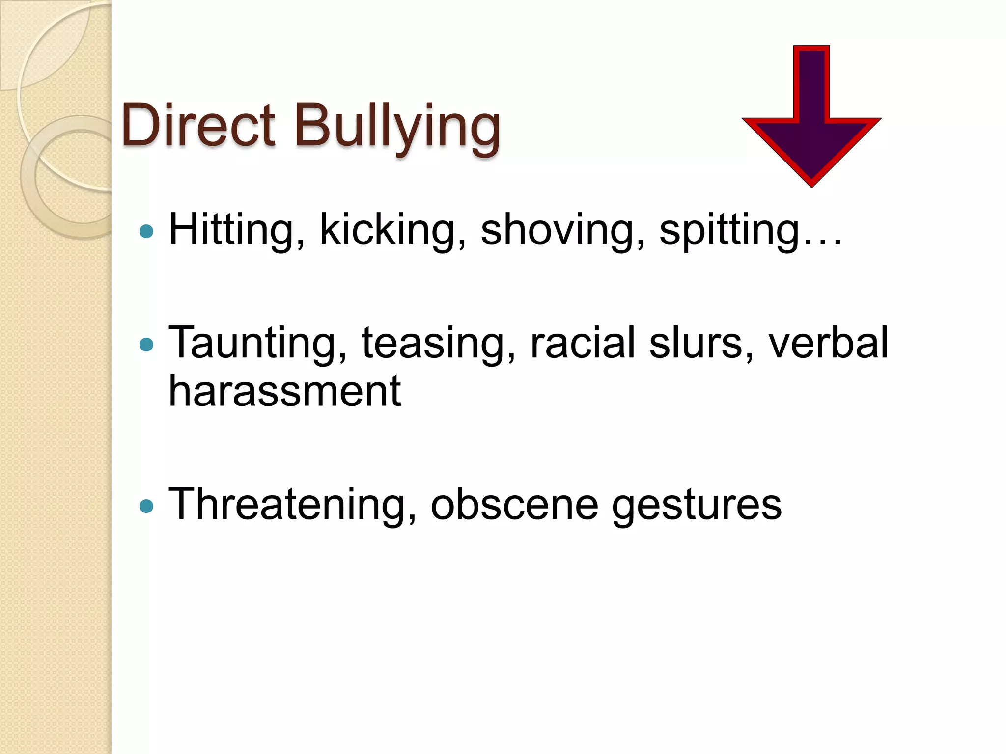 Direct BullyingHitting, kicking, shoving, spitting…Taunting, teasing, racial slurs, verbal harassmentThreatening, obscene gestures