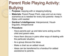 Parent Role Playing Activity:  BullyingPurpose: copying with or stopping bullyingMaterials: Parent Power Point, copy and cut as many scenarios as is needed for every two parents—keep in Ziploc until neededGardner’s Intelligences: Interpersonal, Visual-linguistic, IntrapersonalProcedure:Have parents pair up and take turns acting out the child and parent roles.Have them discuss in pairs other ways of dealing with the particular situation.As a group discuss the ideasMake a chart as an added visual.Ideas can be transferred to a handout for added assistance to parents.
