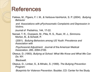 ReferencesFekkes, M., Pijpers, F. I. M., & Verloove-VanHorick, S. P. (2004).  Bullying behavior      and  associations with pychosomatic complaints and depression in victims.      Journal of  Pediatrics, 144, 17-22.Nansel, T. R., Overpeck, M., Pilla, R. S., Ruan, W. J., Simmons-Morton, B., & Scheidt, P.      (2001).  Bullying behaviors among US youth: Prevalence and association with      psychosocial adjustment.  Journal of the American Medical Association, 285, 2094-2100.Olweus, D. (1993). Bullying at school: What we know and what we can do. NY:      Blackwell.Olweus, D., Limber, S., & Mihalic, S. (1999). The bullying prevention program:      Blueprints for violence prevention.  Boulder, CO: Center for the Study and Prevention of  Violence.