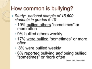 How common is bullying?Study:  national sample of 15,600 students in grades 6-1019% bullied others ”sometimes” or more often9% bullied others weekly17% were bullied “sometimes” or more often 8% were bullied weekly6% reported bullying and being bullied “sometimes” or more often							(Nansel, 2001; Olweus, 1993)