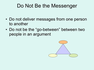 Do Not Be the Messenger Do not deliver messages from one person to another Do not be the “go-between” between two people in an argument 