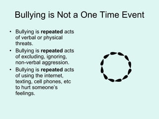 Bullying is Not a One Time Event Bullying is  repeated  acts of verbal or physical threats. Bullying is  repeated  acts of excluding, ignoring, non-verbal aggression. Bullying is  repeated  acts of using the internet, texting, cell phones, etc to hurt someone’s feelings. 