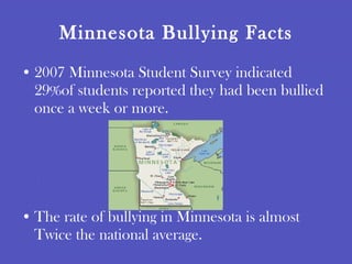 Minnesota Bullying Facts 2007 Minnesota Student Survey indicated 29%of students reported they had been bullied once a week or more. The rate of bullying in Minnesota is almost Twice the national average. 