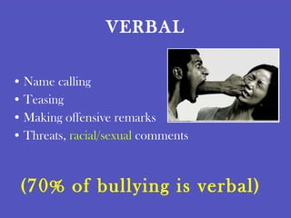 VERBAL Name calling Teasing Making offensive remarks Threats,  racial/sexual  comments (70% of bullying is verbal) 