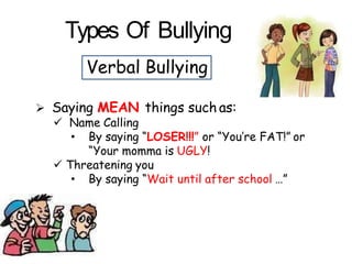 Types Of Bullying
Verbal Bullying
 Saying MEAN things such as:
 Name Calling
• By saying “LOSER!!!” or “You’re FAT!” or
“Your momma is UGLY!
 Threatening you
• By saying “Wait until after school …”
 