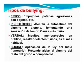 Tipos deTipos de bullyingbullying::
FÍSICO: Empujones, patadas, agresiones
con objetos, etc.
PSICOLÓGICO: Afectan la autoestima del
alumno o alumna, fomentando una
sensación de temor. Causa más daño.
VERBAL: Insultos, menosprecios en
público, resaltar defectos físicos, es el más
habitual.
SOCIAL: Aplicación de la ley del hielo
(ignorarlo). Pretende aislar al alumno del
resto del grupo o compañeros.
 