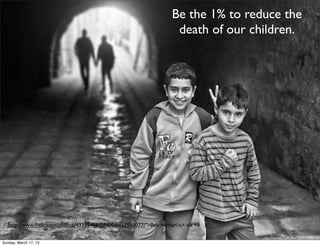 Be the 1% to reduce the
                                                                   death of our children.




   http://www.ﬂickr.com/photos/43335486@N00/6437950077/">Ben Heine</a> via <a


Sunday, March 17, 13
 