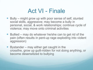 Act VI - FinaleBully – might grow up with poor sense of self, stunted social skills, aggressive; may become a bully in personal, social, & work relationships; continue cycle of violence; may move onto criminal activitiesBullied – may do whatever he/she can to get rid of the pain (often results in pent-up rage exploding into violent aggression)Bystander – may either get caught in the crossfire, grow up guilt-ridden for not doing anything, or become desensitized to bullying
