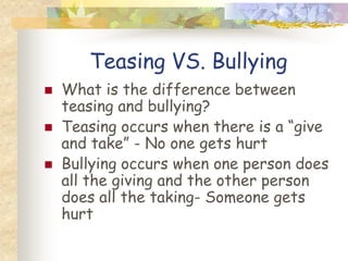 Teasing VS. Bullying
   What is the difference between
    teasing and bullying?
   Teasing occurs when there is a “give
    and take” - No one gets hurt
   Bullying occurs when one person does
    all the giving and the other person
    does all the taking- Someone gets
    hurt
 