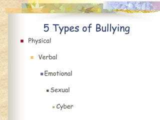 5 Types of Bullying
   Physical

       Verbal

         Emotional


             Sexual

                  Cyber
 