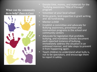 •   Donate time, money, and materials for the
                               “bullying awareness “Rite of Passage”
What ca...