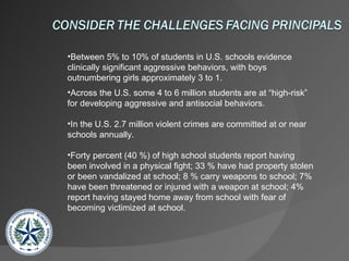 Between 5% to 10% of students in U.S. schools evidence clinically significant aggressive behaviors, with boys outnumbering girls approximately 3 to 1. Across the U.S. some 4 to 6 million students are at “high-risk” for developing aggressive and antisocial behaviors. In the U.S. 2.7 million violent crimes are committed at or near schools annually. Forty percent (40 %) of high school students report having been involved in a physical fight; 33 % have had property stolen or been vandalized at school; 8 % carry weapons to school; 7% have been threatened or injured with a weapon at school; 4% report having stayed home away from school with fear of becoming victimized at school. 