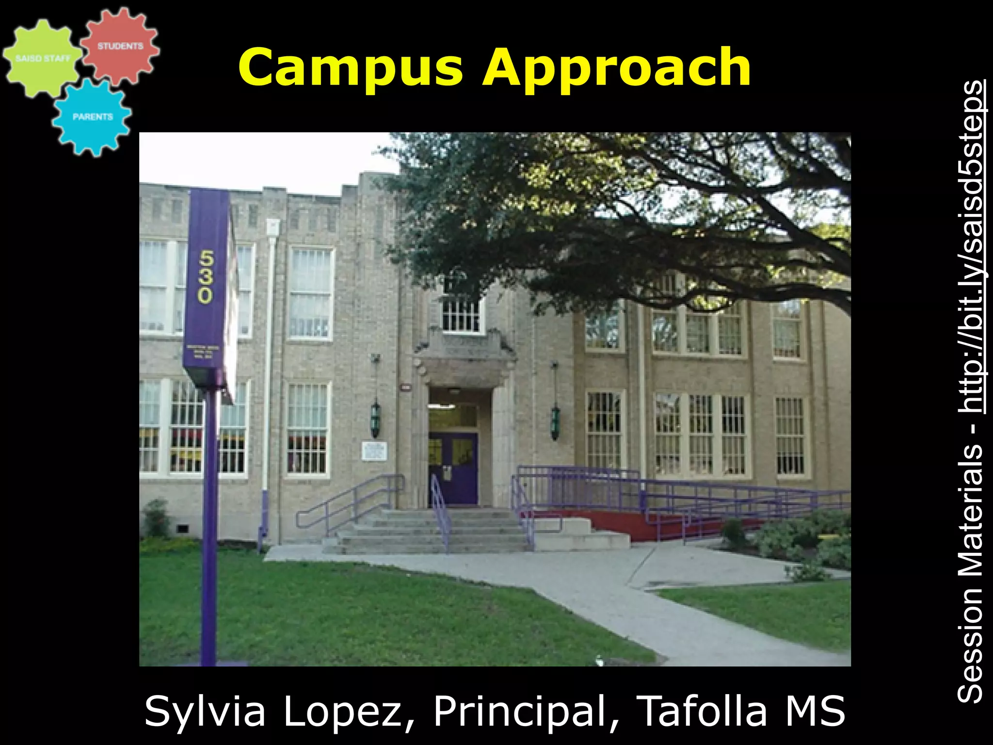 Campus Approach




                                      Session Materials - http://bit.ly/saisd5steps
Sylvia Lopez, Principal, Tafolla MS
 