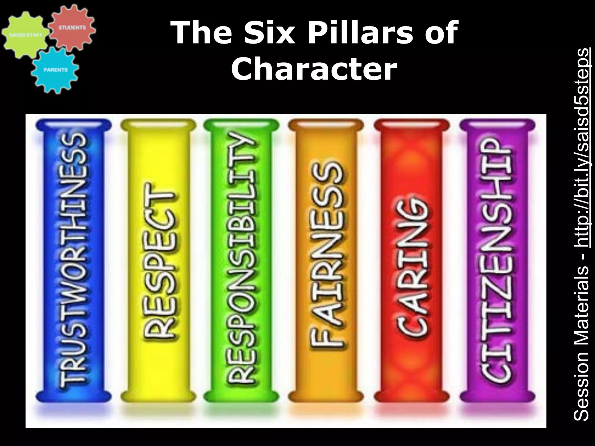 Character
                                        The Six Pillars of




Session Materials - http://bit.ly/saisd5steps
 