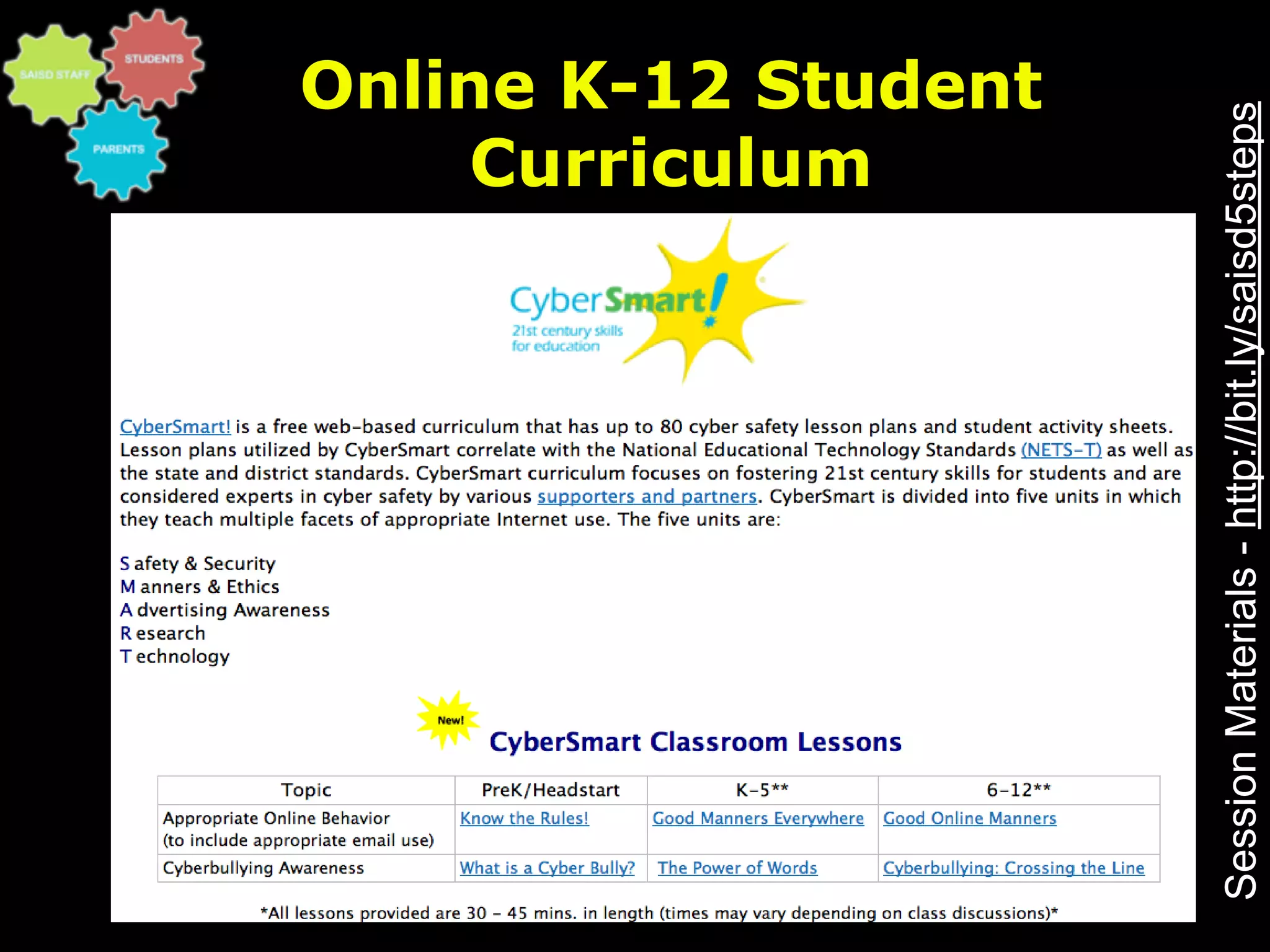 Curriculum
                                       Online K-12 Student




Session Materials - http://bit.ly/saisd5steps
 