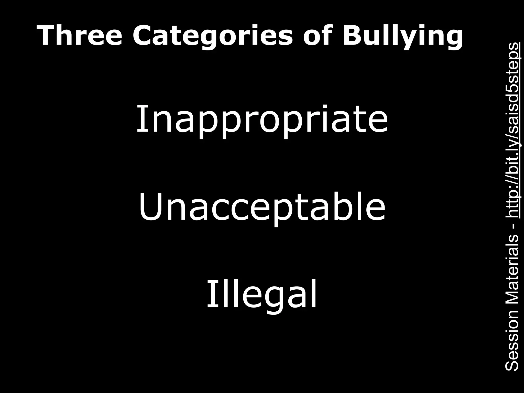 Three Categories of Bullying




                               Session Materials - http://bit.ly/saisd5steps
      Inappropriate

      Unacceptable

           Illegal
 