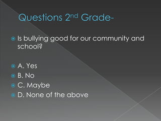 

Is bullying good for our community and
school?

A. Yes
 B. No
 C. Maybe
 D. None of the above


 