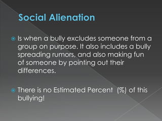 

Is when a bully excludes someone from a
group on purpose. It also includes a bully
spreading rumors, and also making fun
of someone by pointing out their
differences.



There is no Estimated Percent (%) of this
bullying!

 