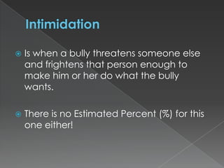 

Is when a bully threatens someone else
and frightens that person enough to
make him or her do what the bully
wants.



There is no Estimated Percent (%) for this
one either!

 